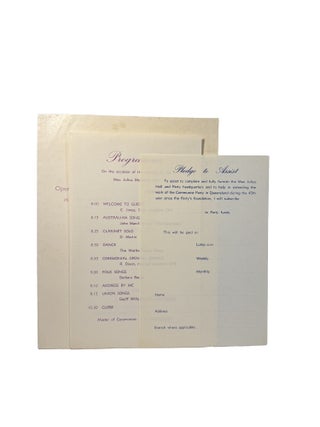 Memento of the opening of the Communist Party's New Headquarters in Queensland and the Max Julius Memorial Hall Saturday April 24th, 1965. Officially opened by R. Dixon National President Communist Party Australia.